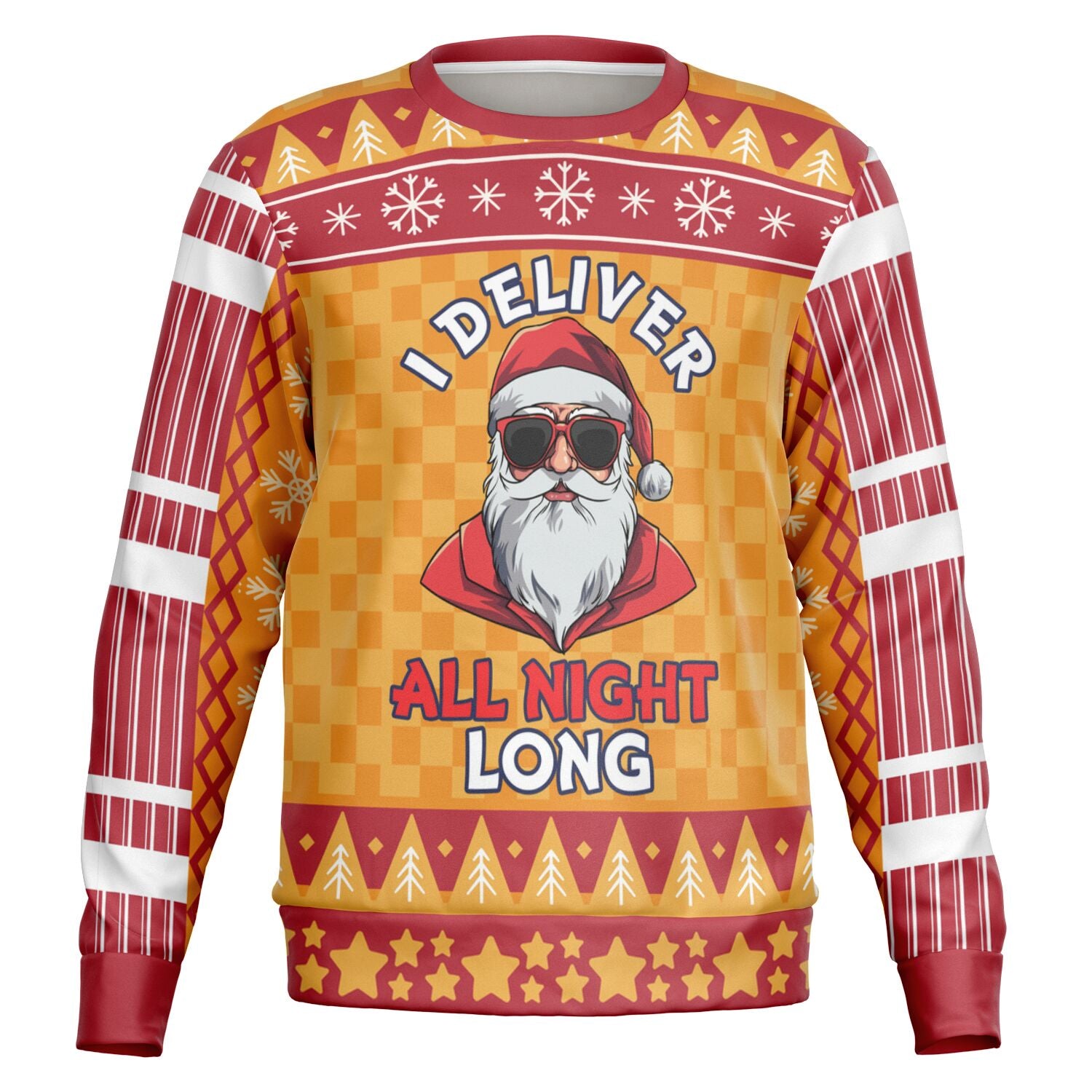 Orange Christmas sweater with “I Deliver All Night Long” slogan and cool Santa in sunglasses — bold holiday humor from CollegeWares.