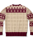 Back view of beige and burgundy sweater with tribal-style accents and no text — bold and festive look by CollegeWares.