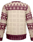 Back view of beige and burgundy sweater with tribal-style accents and no text — bold and festive look by CollegeWares.
