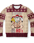 Beige Christmas sweater with “I Do It for the Ho’s” text and sexy Santa graphic with two women — edgy adult holiday humor from CollegeWares.