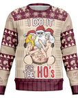 Beige Christmas sweater with “I Do It for the Ho’s” text and sexy Santa graphic with two women — edgy adult holiday humor from CollegeWares.