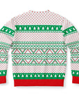 Back view of white sweater with repeating green trees and red Xs, no graphic or text — playful and classic holiday style from CollegeWares.