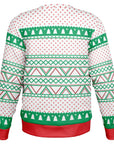 Back view of white sweater with repeating green trees and red Xs, no graphic or text — playful and classic holiday style from CollegeWares.