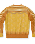 Back view of yellow holiday sweater with geometric fir tree pattern and no text — festive and forest-themed flair from CollegeWares.
