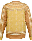 Back view of yellow holiday sweater with geometric fir tree pattern and no text — festive and forest-themed flair from CollegeWares.