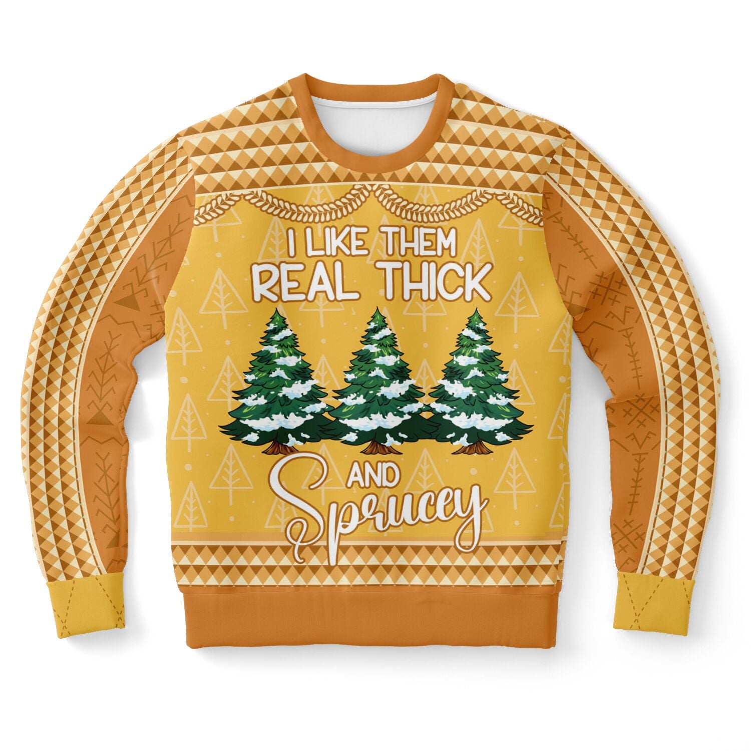 Yellow and orange Christmas sweater with “I Like Them Real Thick and Sprucey” slogan and snow-covered tree graphic — playful and punny design from CollegeWares.
