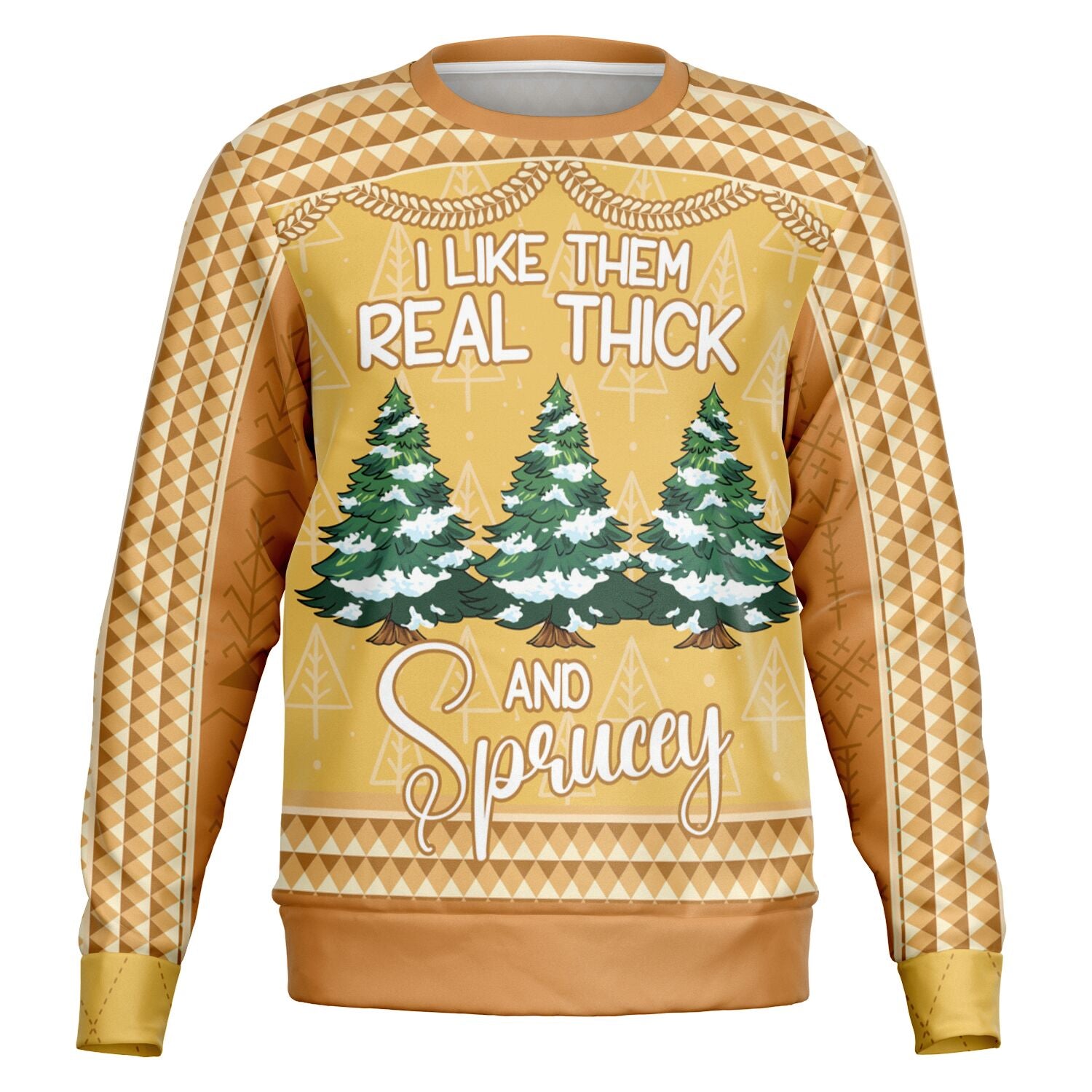 Yellow and orange Christmas sweater with “I Like Them Real Thick and Sprucey” slogan and snow-covered tree graphic — playful and punny design from CollegeWares.