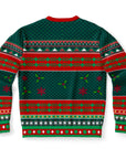 Back view of green and red sweater with snowflakes, holly, and geometric patterns — festive and edgy look from CollegeWares.
