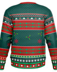 Back view of green and red sweater with snowflakes, holly, and geometric patterns — festive and edgy look from CollegeWares.