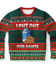 Green and red Christmas sweater with milk carton, cookies, and “I Put Out for Santa” quote — funny adult holiday design from CollegeWares.