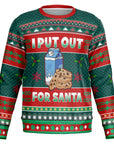 Green and red Christmas sweater with milk carton, cookies, and “I Put Out for Santa” quote — funny adult holiday design from CollegeWares.