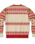 Back view of cream and red sweater with geometric holiday patterns and no text — cozy and playful design from CollegeWares.