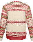 Back view of cream and red sweater with geometric holiday patterns and no text — cozy and playful design from CollegeWares.
