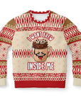 Cream and red Christmas sweater with “I Want Brew Inside Me” slogan and cartoon coffee mug — cheeky caffeine humor from CollegeWares.