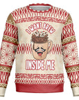 Cream and red Christmas sweater with “I Want Brew Inside Me” slogan and cartoon coffee mug — cheeky caffeine humor from CollegeWares.