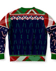 Back view of navy sweater with green and red accents and no text — festive and flirty pattern from CollegeWares.