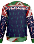 Back view of navy sweater with green and red accents and no text — festive and flirty pattern from CollegeWares.