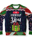 Navy blue Christmas sweater with “I’d Unwrap You” text and gift box graphic — playful and cheeky design from CollegeWares.