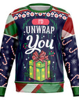 Navy blue Christmas sweater with “I’d Unwrap You” text and gift box graphic — playful and cheeky design from CollegeWares.
