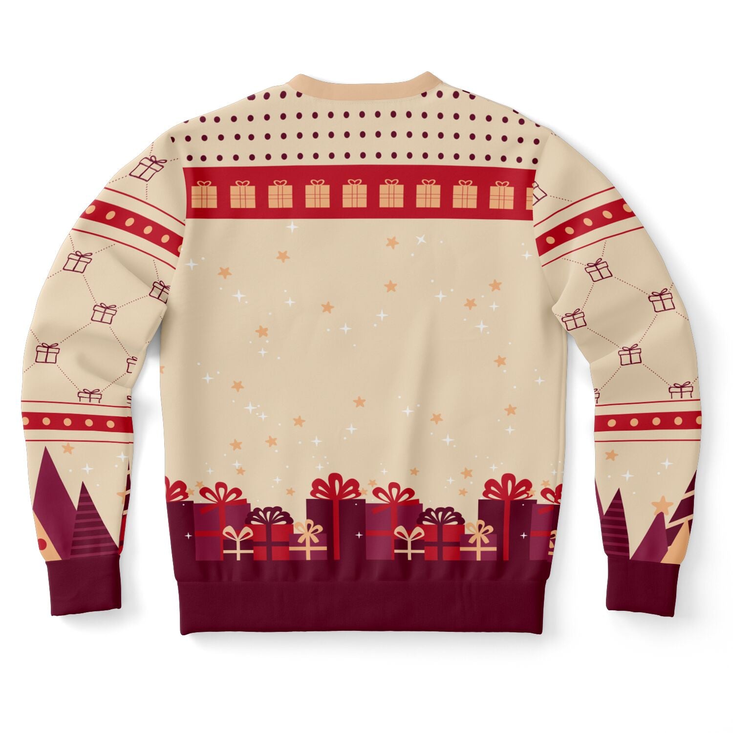 Back view of tan sweater with gift wrap and star details, no text — festive and flirty style from CollegeWares.