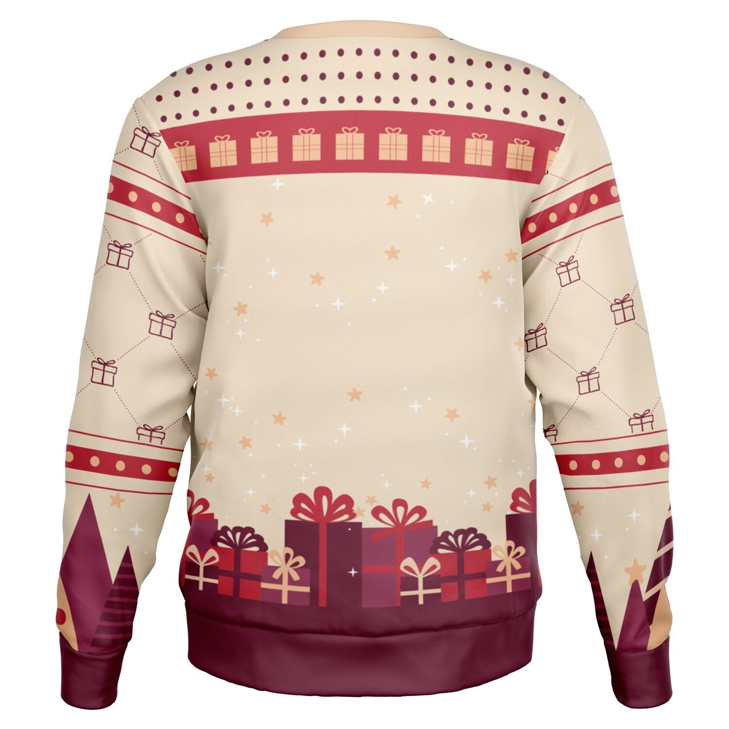 Back view of tan sweater with gift wrap and star details, no text — festive and flirty style from CollegeWares.