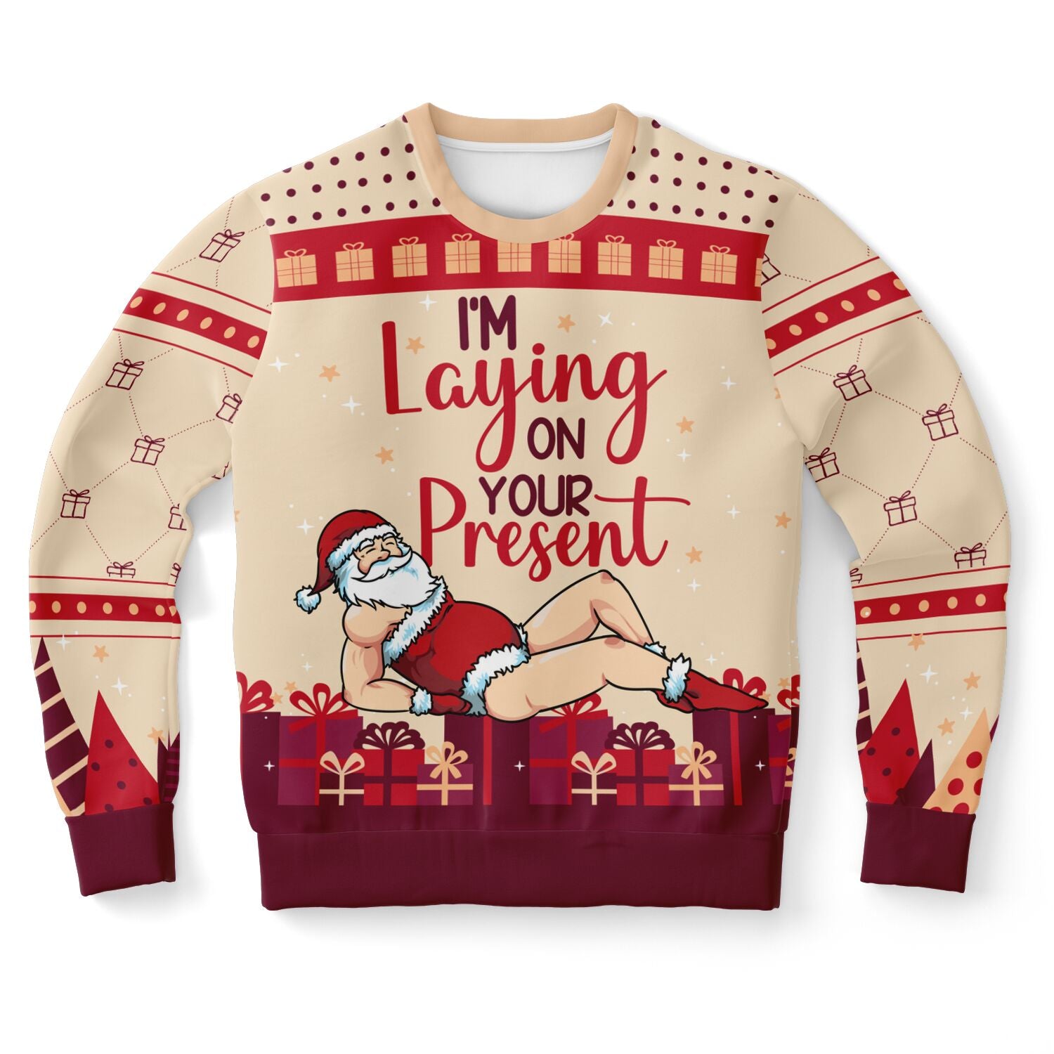 Tan and maroon Christmas sweater with “I’m Laying on Your Present” text and sexy Santa illustration — cheeky holiday humor from CollegeWares.
