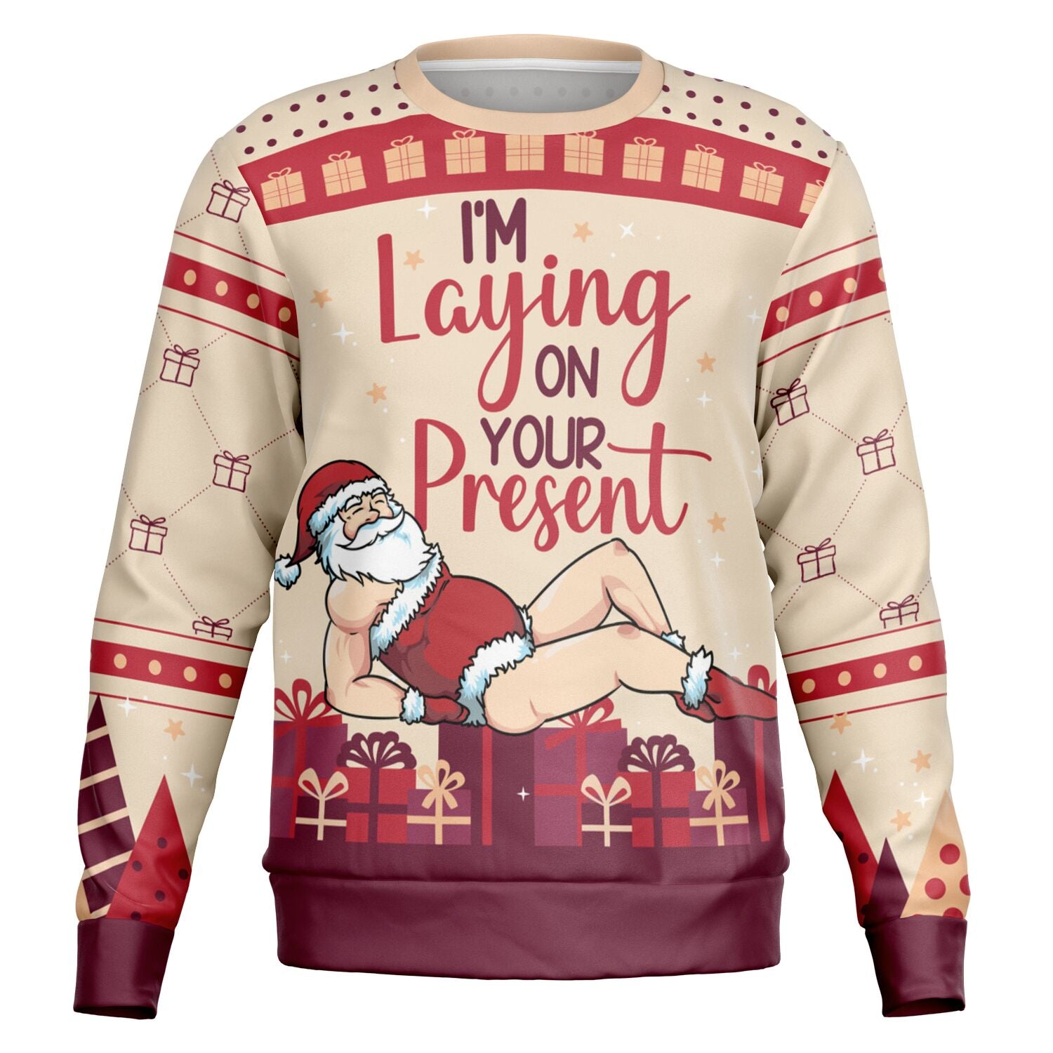 Tan and maroon Christmas sweater with “I’m Laying on Your Present” text and sexy Santa illustration — cheeky holiday humor from CollegeWares.