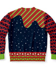 Back view of navy sweater with snowflakes, red cuffs, and patterned shoulders — festive adult humor style from CollegeWares.
