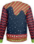 Back view of navy sweater with snowflakes, red cuffs, and patterned shoulders — festive adult humor style from CollegeWares.