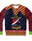 Navy and red Christmas sweater with “I’m No Weatherman But You Can Expect a Few Inches Tonight” text and Santa hat graphic — bold and cheeky holiday wear from CollegeWares.