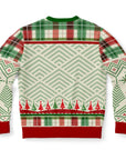 Back view of cream and red sweater with geometric patterns and tree border — playful festive design from CollegeWares.