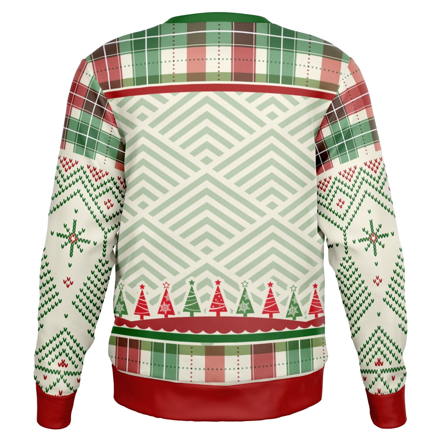 Back view of cream and red sweater with geometric patterns and tree border — playful festive design from CollegeWares.