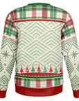 Back view of cream and red sweater with geometric patterns and tree border — playful festive design from CollegeWares.