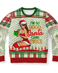 Cream and red Christmas sweater featuring a sexy cartoon woman in Santa attire with “I’m So Good Santa Came Twice” text — spicy holiday humor by CollegeWares.