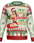 Cream and red Christmas sweater featuring a sexy cartoon woman in Santa attire with “I’m So Good Santa Came Twice” text — spicy holiday humor by CollegeWares.