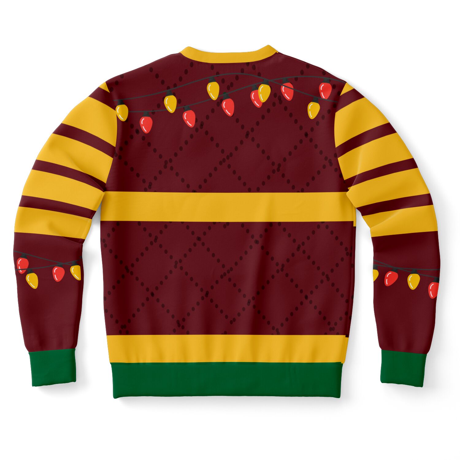 Back view of maroon sweater with yellow stripes and holiday lights — festive no-text design from CollegeWares.