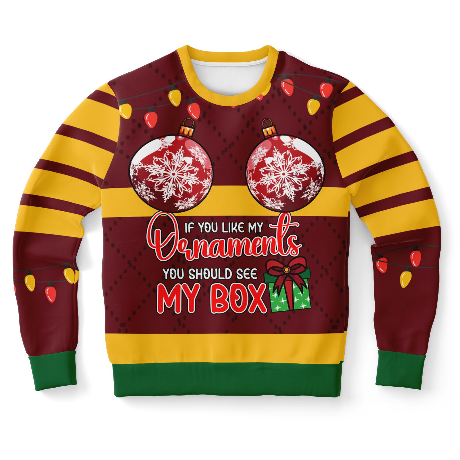 Maroon and gold Christmas sweater with “If You Like My Ornaments You Should See My Box” quote and ornament graphics — adult humor design from CollegeWares.