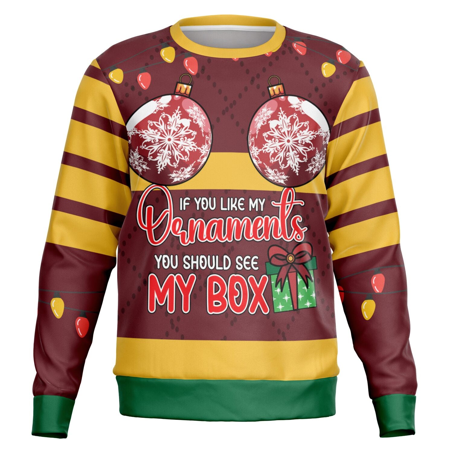 Maroon and gold Christmas sweater with “If You Like My Ornaments You Should See My Box” quote and ornament graphics — adult humor design from CollegeWares.