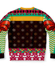 Back view of black holiday sweater with stars and red trim — playful Christmas design from CollegeWares.