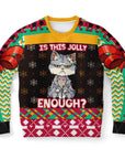 Black Christmas sweater with “Is This Jolly Enough?” quote and grumpy cat covered in lights — sarcastic holiday humor from CollegeWares.