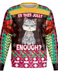 Black Christmas sweater with “Is This Jolly Enough?” quote and grumpy cat covered in lights — sarcastic holiday humor from CollegeWares.
