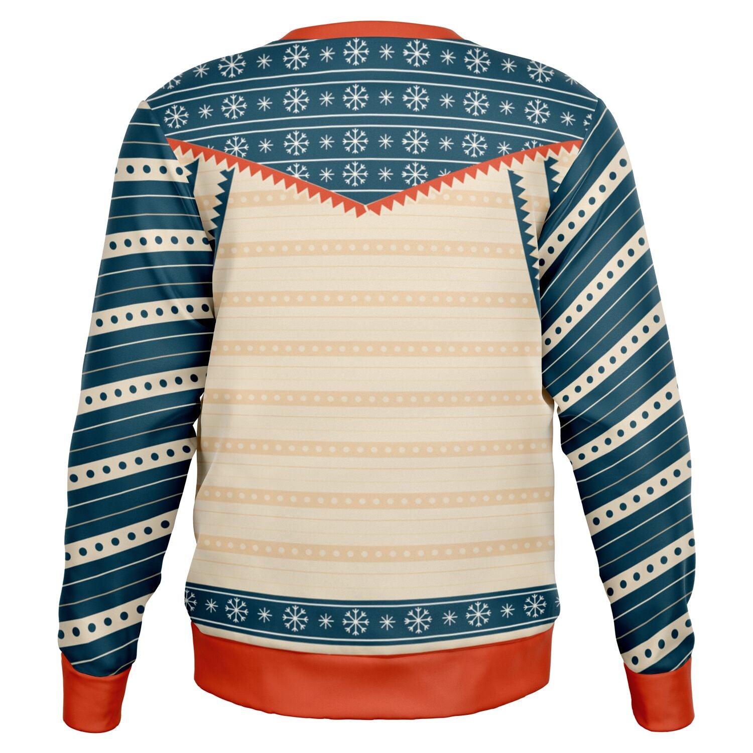 Back view of tan and navy sweater with snowflake and stripe patterns — bold Christmas sarcasm from CollegeWares.