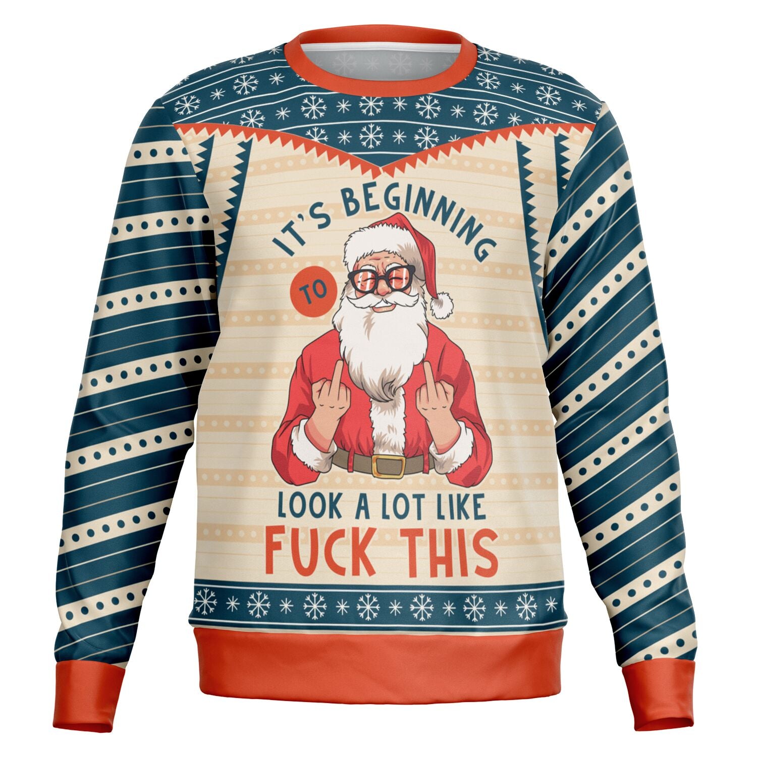 Tan and navy blue sweater with Santa flipping the bird and “It’s Beginning to Look a Lot Like F*** This” slogan — edgy holiday humor from CollegeWares.
