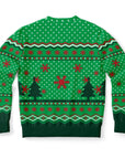 Back view of green sweater with red snowflakes and Christmas tree silhouettes — playful and bold look from CollegeWares.