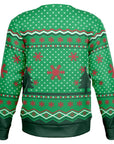Back view of green sweater with red snowflakes and Christmas tree silhouettes — playful and bold look from CollegeWares.