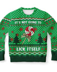 Green Christmas sweater with red and white lollipop and “It’s Not Going to Lick Itself” text — cheeky and festive design from CollegeWares.