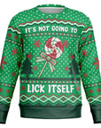 Green Christmas sweater with red and white lollipop and “It’s Not Going to Lick Itself” text — cheeky and festive design from CollegeWares.