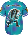 Back angle of the teal-and-purple parody EDM baseball jersey worn by a model, highlighting the animated monster shredding a guitar — festival jersey for bassheads from CollegeWares.