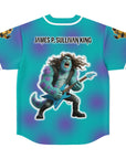 Flat lay of a teal-and-purple baseball-silhouette EDM jersey showing a guitar-shredding monster graphic and bold lettering — parody rave merch for headbangers from CollegeWares.