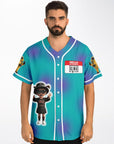 Front angle of the teal EDM baseball jersey worn by a model showing the name tag graphic and tiny hype-gremlin illustration — funny festival clothing for ravers from CollegeWares.